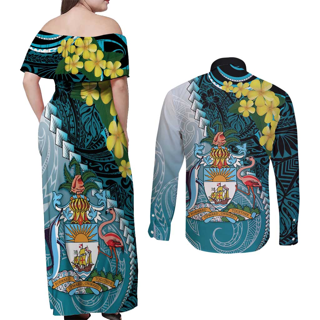 The Bahamas Couples Matching Off Shoulder Maxi Dress and Long Sleeve Button Shirt Bahamian Buttercup Polynesian Pattern