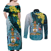 The Bahamas Couples Matching Off Shoulder Maxi Dress and Long Sleeve Button Shirt Bahamian Buttercup Polynesian Pattern
