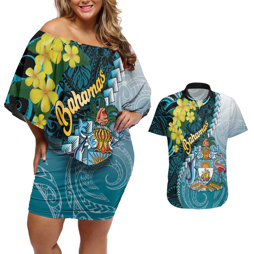 The Bahamas Couples Matching Off Shoulder Short Dress and Hawaiian Shirt Bahamian Buttercup Polynesian Pattern