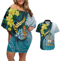 The Bahamas Couples Matching Off Shoulder Short Dress and Hawaiian Shirt Bahamian Buttercup Polynesian Pattern