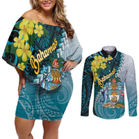 The Bahamas Couples Matching Off Shoulder Short Dress and Long Sleeve Button Shirt Bahamian Buttercup Polynesian Pattern