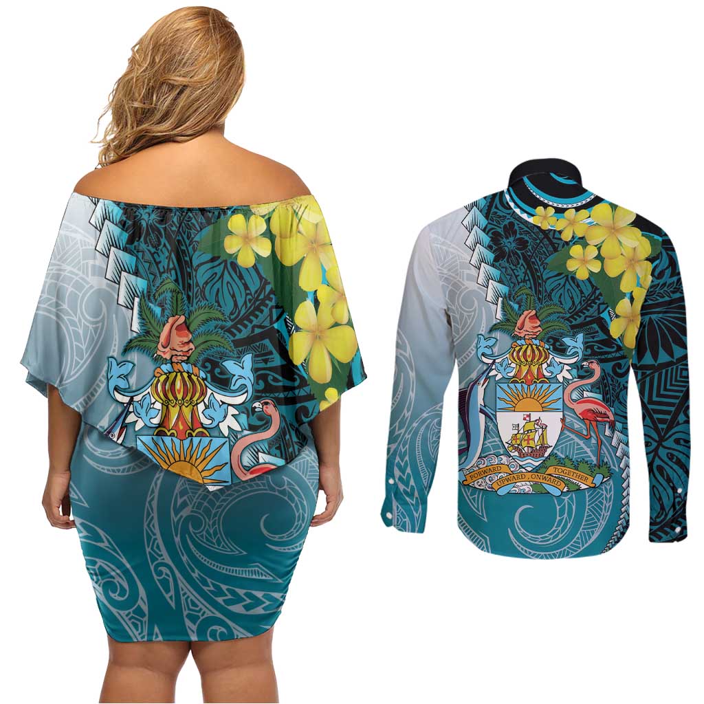 The Bahamas Couples Matching Off Shoulder Short Dress and Long Sleeve Button Shirt Bahamian Buttercup Polynesian Pattern