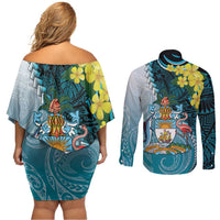 The Bahamas Couples Matching Off Shoulder Short Dress and Long Sleeve Button Shirt Bahamian Buttercup Polynesian Pattern