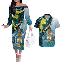 The Bahamas Couples Matching Off The Shoulder Long Sleeve Dress and Hawaiian Shirt Bahamian Buttercup Polynesian Pattern