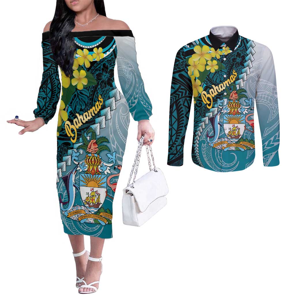 The Bahamas Couples Matching Off The Shoulder Long Sleeve Dress and Long Sleeve Button Shirt Bahamian Buttercup Polynesian Pattern