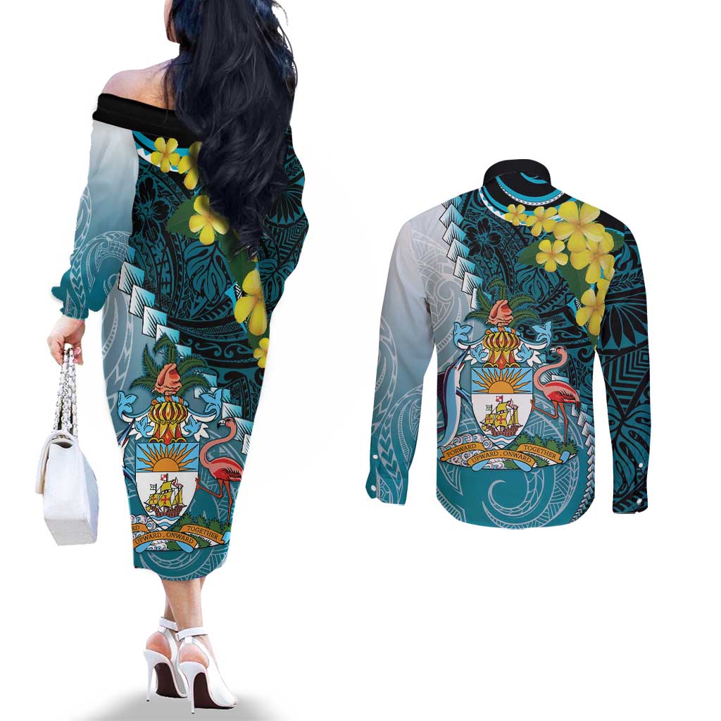 The Bahamas Couples Matching Off The Shoulder Long Sleeve Dress and Long Sleeve Button Shirt Bahamian Buttercup Polynesian Pattern