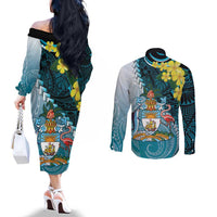 The Bahamas Couples Matching Off The Shoulder Long Sleeve Dress and Long Sleeve Button Shirt Bahamian Buttercup Polynesian Pattern