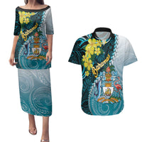 The Bahamas Couples Matching Puletasi and Hawaiian Shirt Bahamian Buttercup Polynesian Pattern