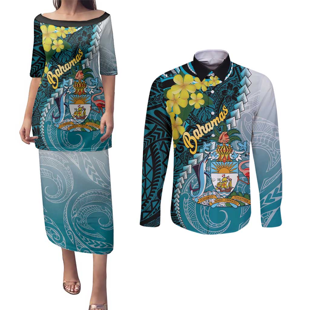 The Bahamas Couples Matching Puletasi and Long Sleeve Button Shirt Bahamian Buttercup Polynesian Pattern