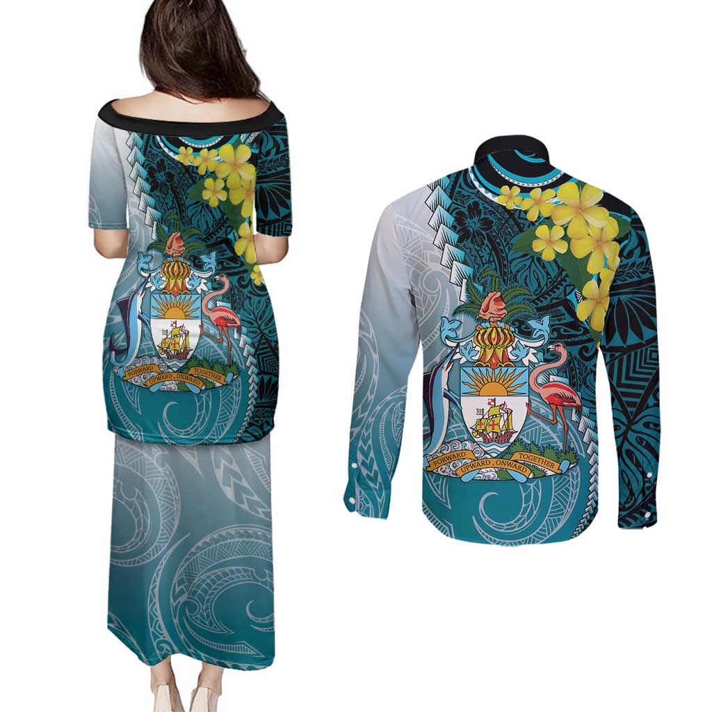 The Bahamas Couples Matching Puletasi and Long Sleeve Button Shirt Bahamian Buttercup Polynesian Pattern