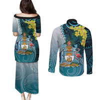 The Bahamas Couples Matching Puletasi and Long Sleeve Button Shirt Bahamian Buttercup Polynesian Pattern