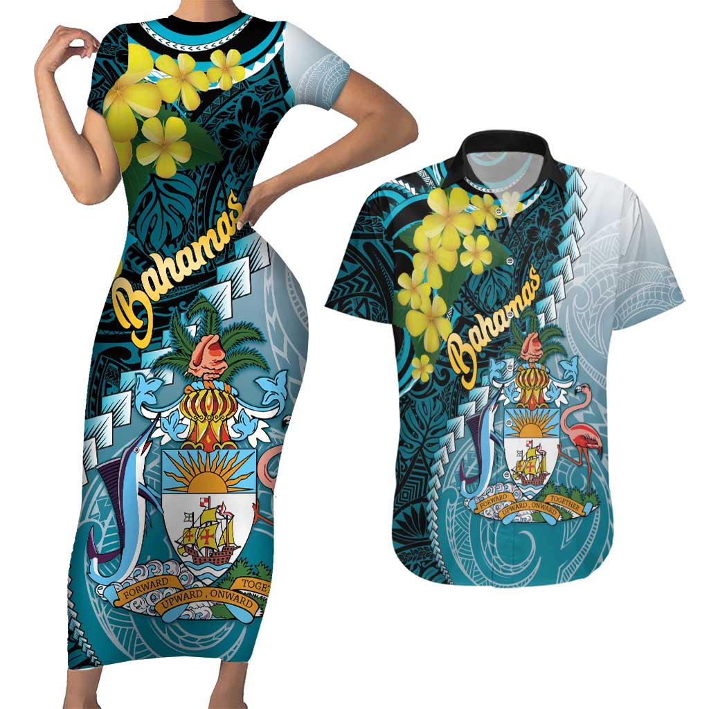 The Bahamas Couples Matching Short Sleeve Bodycon Dress and Hawaiian Shirt Bahamian Buttercup Polynesian Pattern
