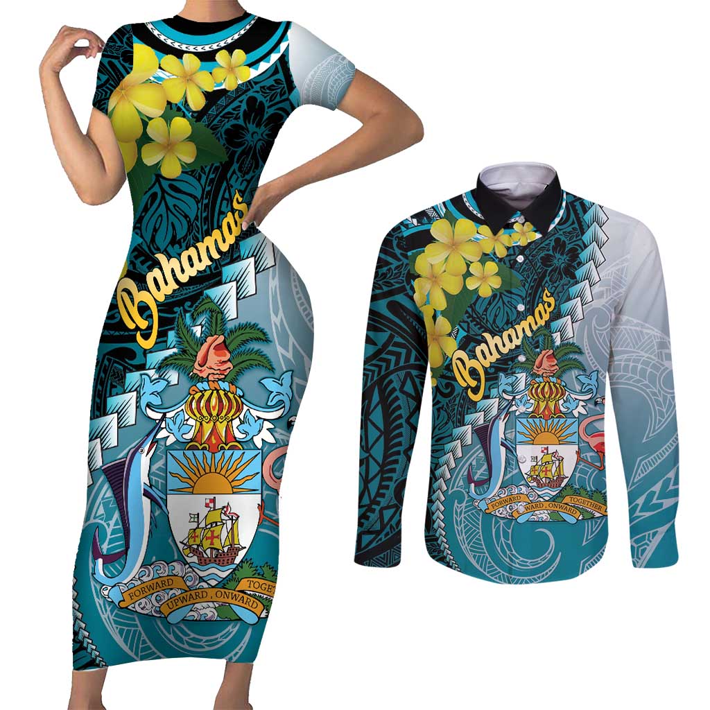 The Bahamas Couples Matching Short Sleeve Bodycon Dress and Long Sleeve Button Shirt Bahamian Buttercup Polynesian Pattern