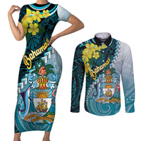 The Bahamas Couples Matching Short Sleeve Bodycon Dress and Long Sleeve Button Shirt Bahamian Buttercup Polynesian Pattern