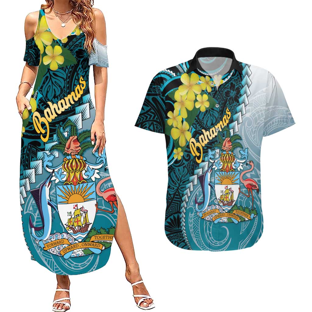 The Bahamas Couples Matching Summer Maxi Dress and Hawaiian Shirt Bahamian Buttercup Polynesian Pattern