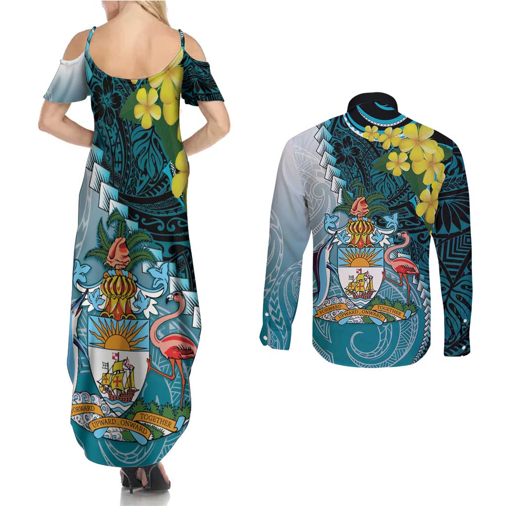The Bahamas Couples Matching Summer Maxi Dress and Long Sleeve Button Shirt Bahamian Buttercup Polynesian Pattern