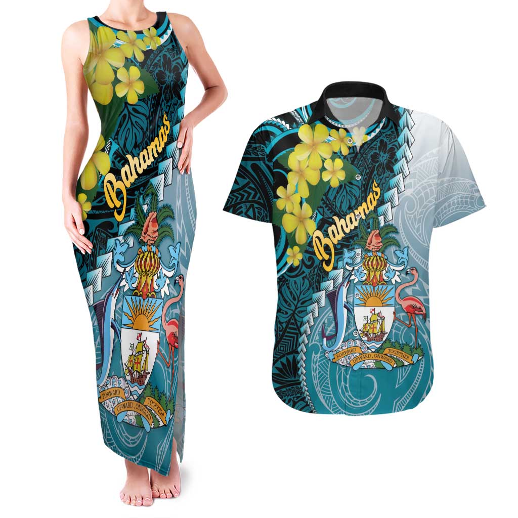 The Bahamas Couples Matching Tank Maxi Dress and Hawaiian Shirt Bahamian Buttercup Polynesian Pattern
