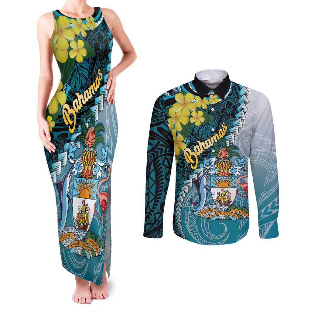 The Bahamas Couples Matching Tank Maxi Dress and Long Sleeve Button Shirt Bahamian Buttercup Polynesian Pattern