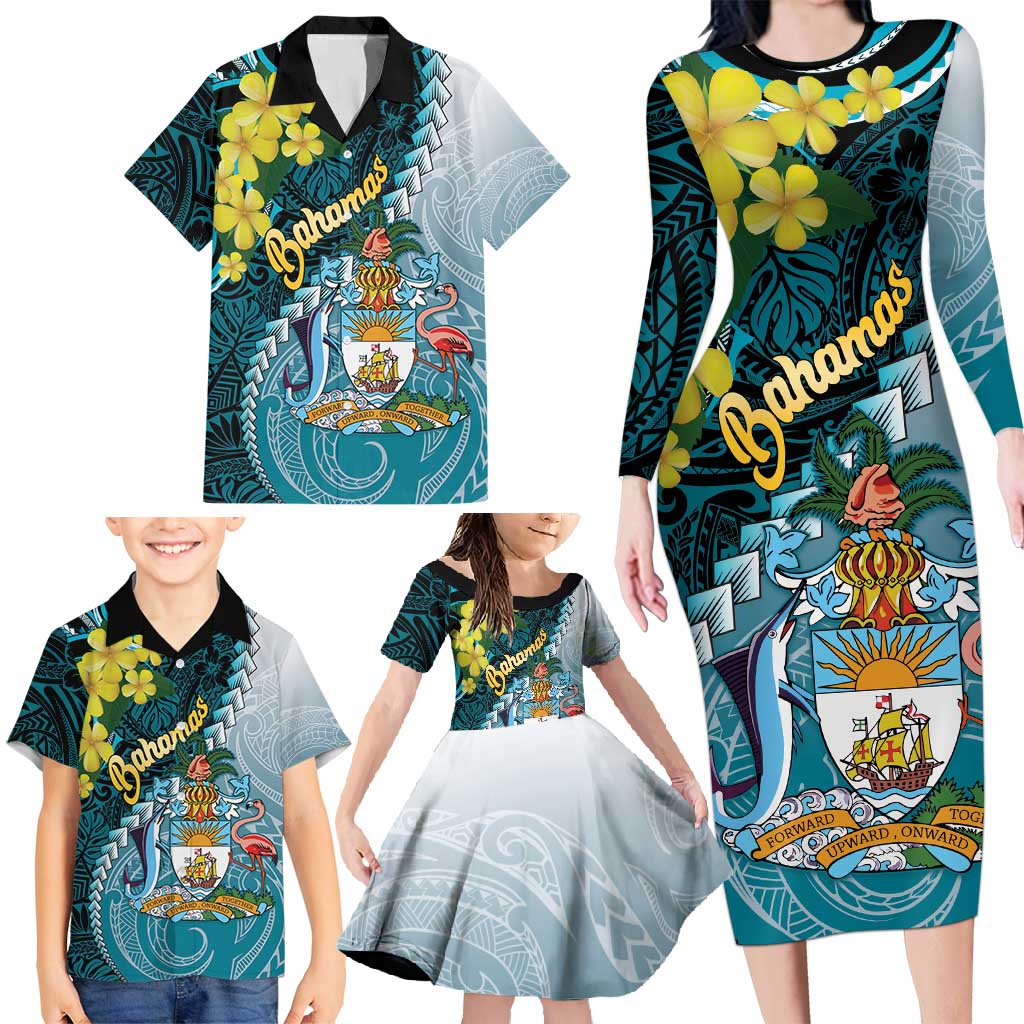 The Bahamas Family Matching Long Sleeve Bodycon Dress and Hawaiian Shirt Bahamian Buttercup Polynesian Pattern