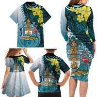 The Bahamas Family Matching Long Sleeve Bodycon Dress and Hawaiian Shirt Bahamian Buttercup Polynesian Pattern