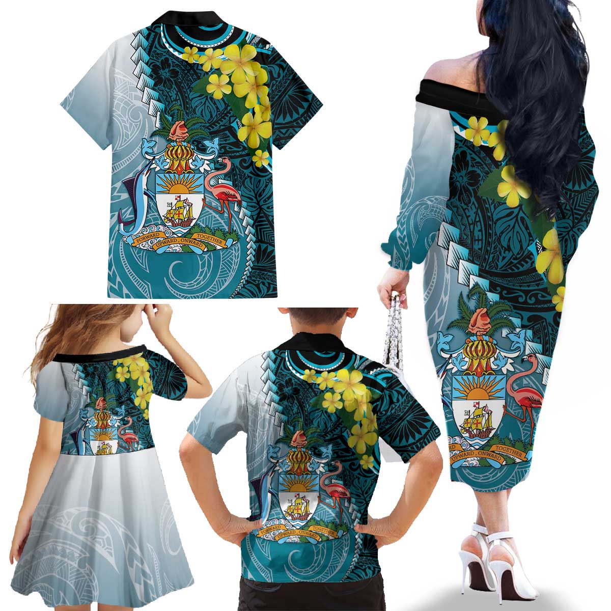The Bahamas Family Matching Off The Shoulder Long Sleeve Dress and Hawaiian Shirt Bahamian Buttercup Polynesian Pattern