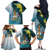 The Bahamas Family Matching Off The Shoulder Long Sleeve Dress and Hawaiian Shirt Bahamian Buttercup Polynesian Pattern