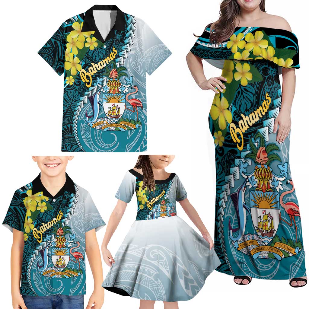 The Bahamas Family Matching Off Shoulder Maxi Dress and Hawaiian Shirt Bahamian Buttercup Polynesian Pattern