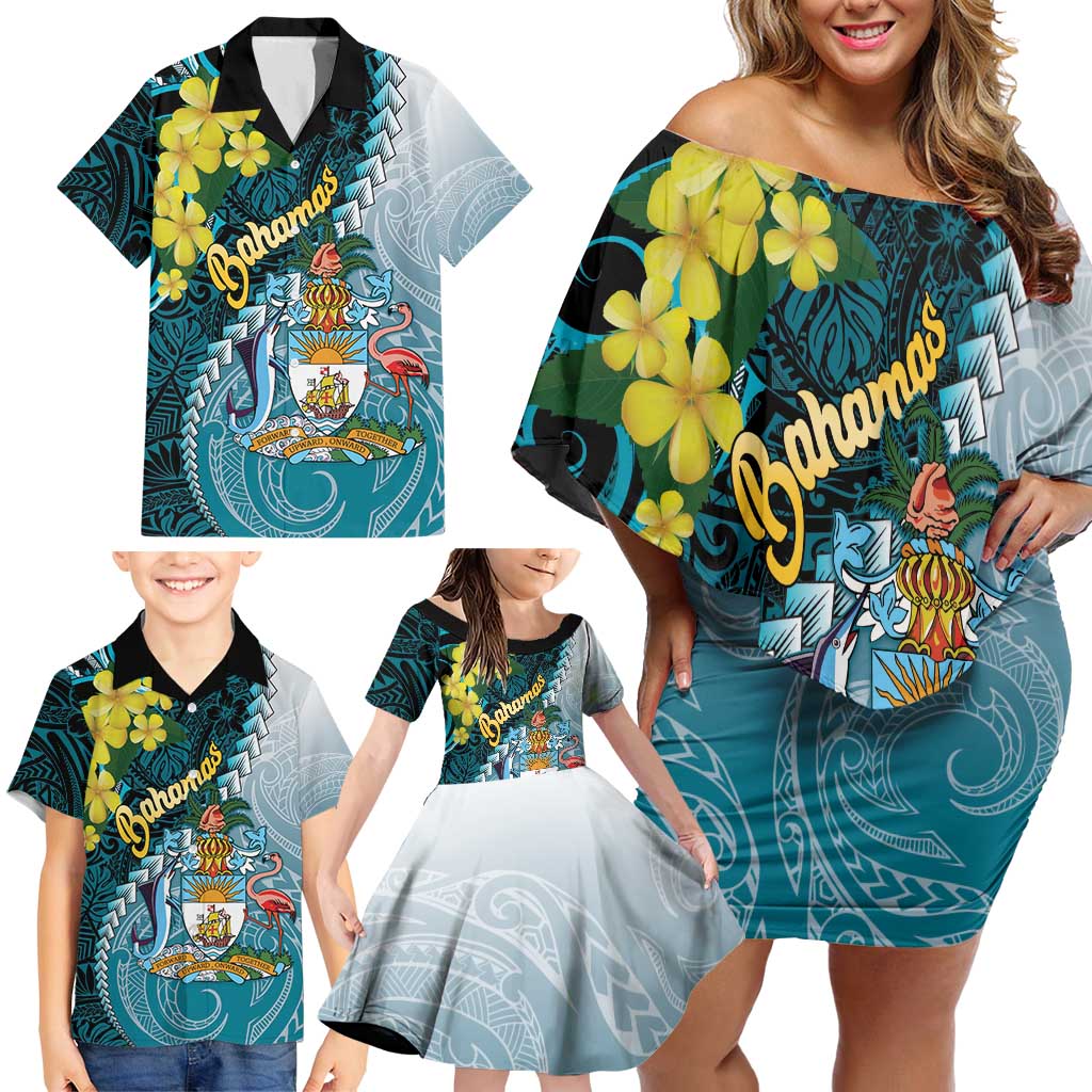 The Bahamas Family Matching Off Shoulder Short Dress and Hawaiian Shirt Bahamian Buttercup Polynesian Pattern