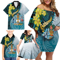 The Bahamas Family Matching Off Shoulder Short Dress and Hawaiian Shirt Bahamian Buttercup Polynesian Pattern