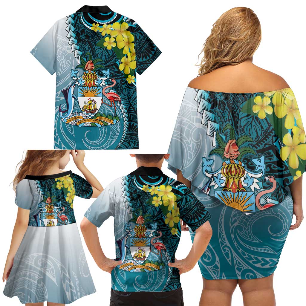 The Bahamas Family Matching Off Shoulder Short Dress and Hawaiian Shirt Bahamian Buttercup Polynesian Pattern