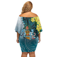 The Bahamas Family Matching Off Shoulder Short Dress and Hawaiian Shirt Bahamian Buttercup Polynesian Pattern