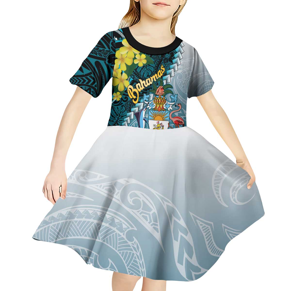 The Bahamas Kid Short Sleeve Dress Bahamian Buttercup Polynesian Pattern