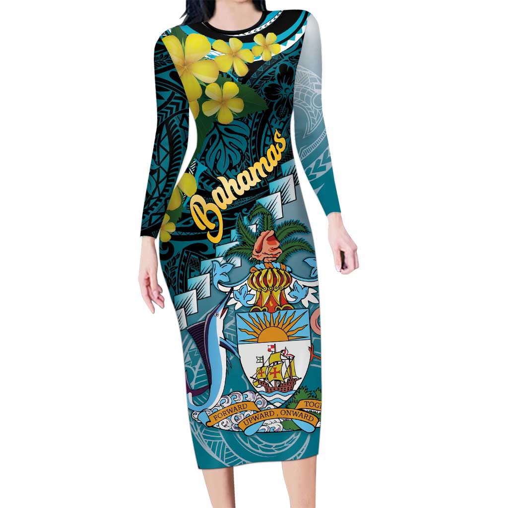 The Bahamas Long Sleeve Bodycon Dress Bahamian Buttercup Polynesian Pattern