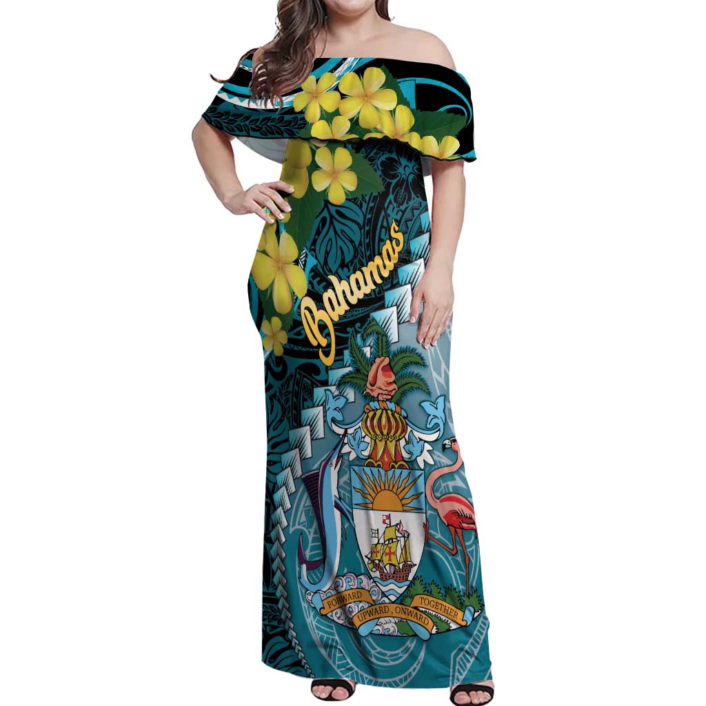 The Bahamas Off Shoulder Maxi Dress Bahamian Buttercup Polynesian Pattern