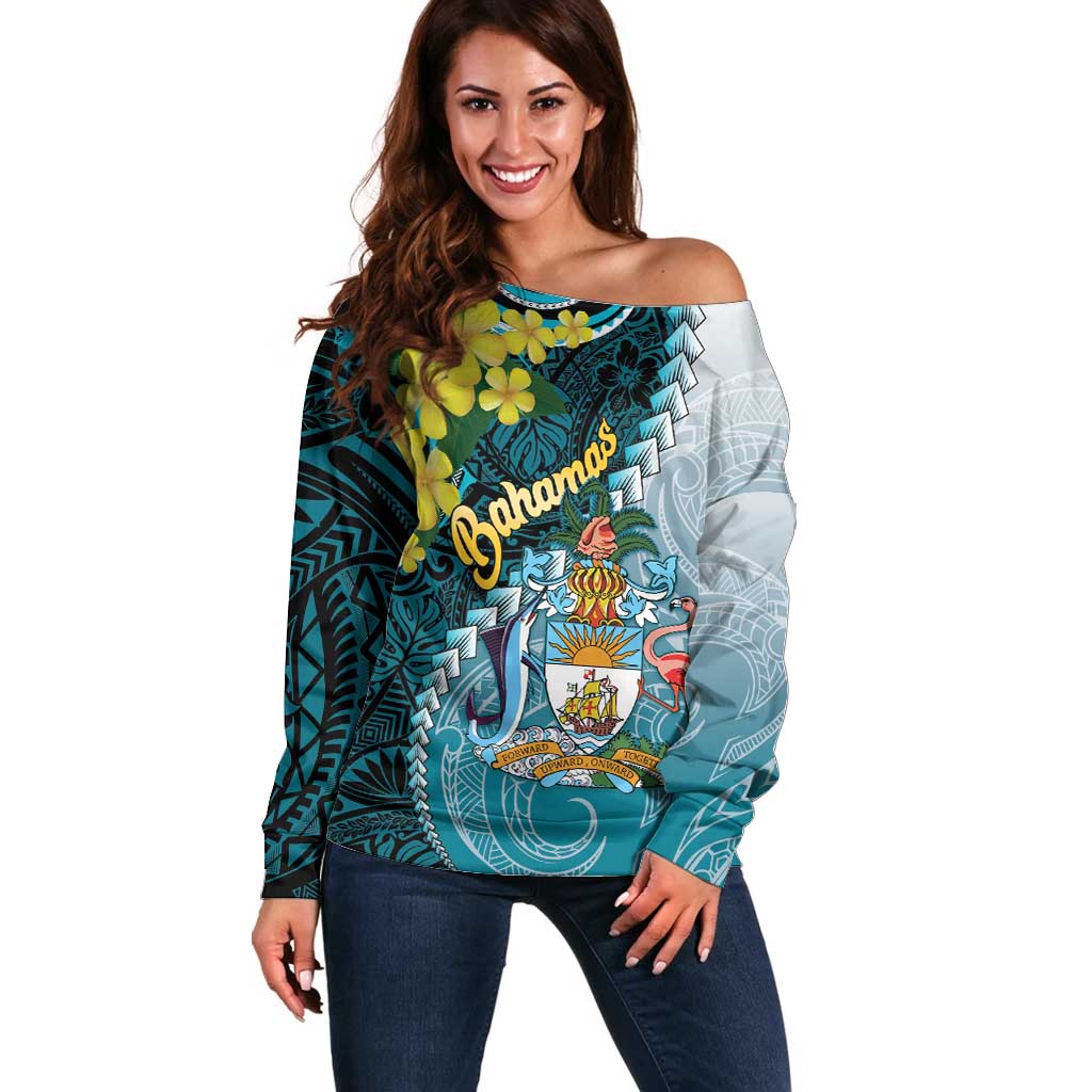 The Bahamas Off Shoulder Sweater Bahamian Buttercup Polynesian Pattern