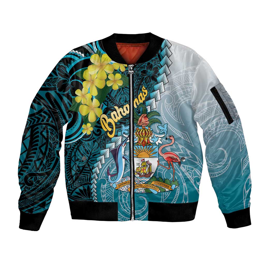 The Bahamas Sleeve Zip Bomber Jacket Bahamian Buttercup Polynesian Pattern
