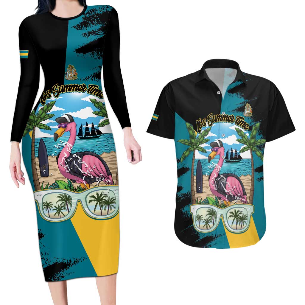 The Bahamas Flamingo Couples Matching Long Sleeve Bodycon Dress and Hawaiian Shirt It's Summer Time