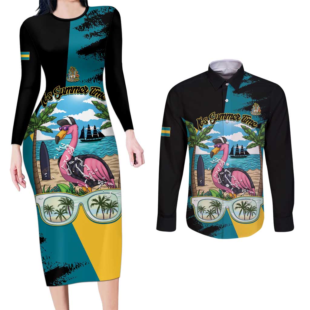 The Bahamas Flamingo Couples Matching Long Sleeve Bodycon Dress and Long Sleeve Button Shirt It's Summer Time