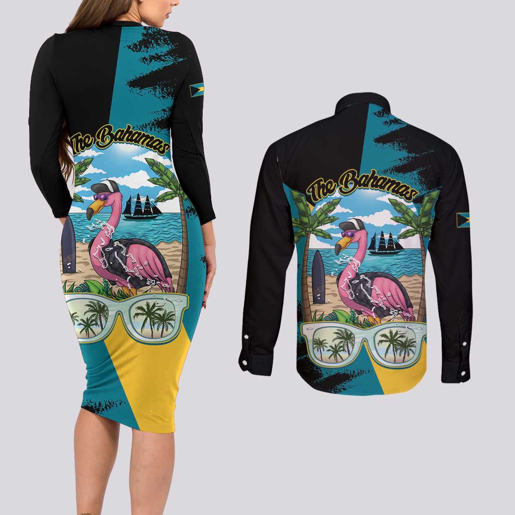 The Bahamas Flamingo Couples Matching Long Sleeve Bodycon Dress and Long Sleeve Button Shirt It's Summer Time