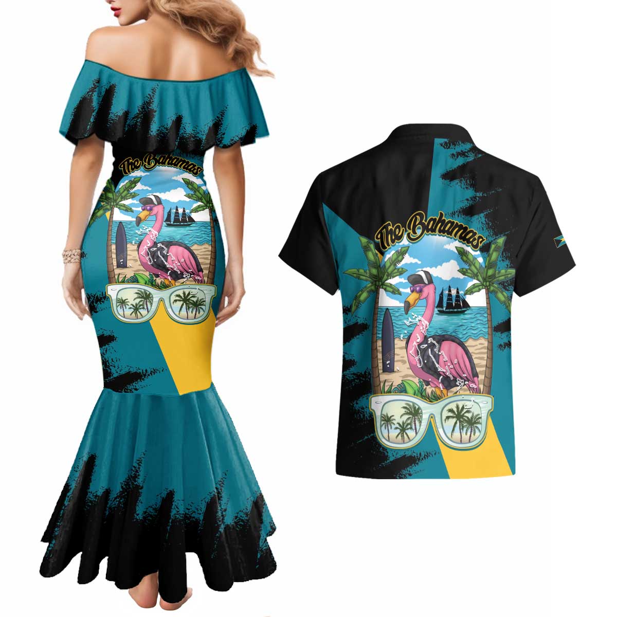 The Bahamas Flamingo Couples Matching Mermaid Dress and Hawaiian Shirt It's Summer Time