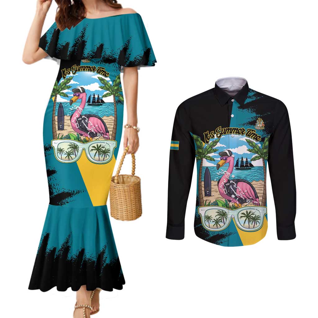 The Bahamas Flamingo Couples Matching Mermaid Dress and Long Sleeve Button Shirt It's Summer Time