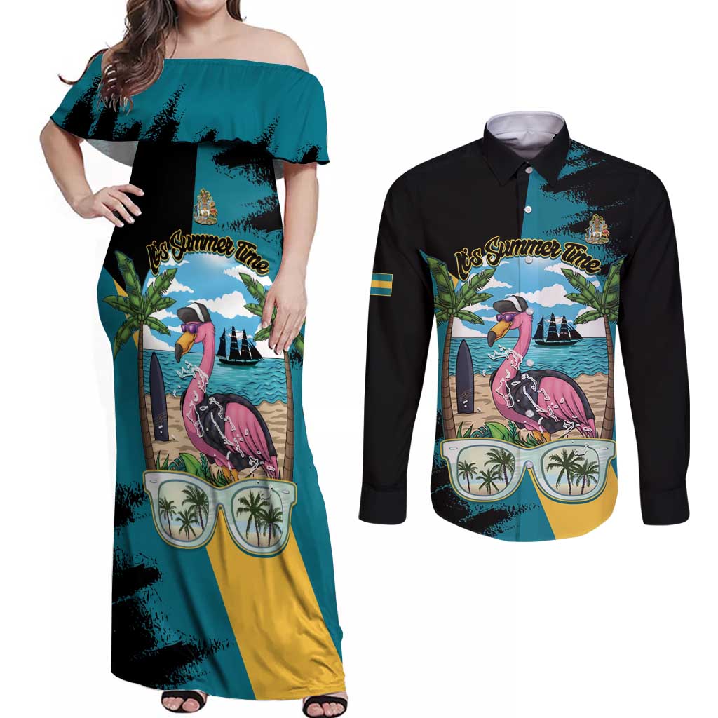 The Bahamas Flamingo Couples Matching Off Shoulder Maxi Dress and Long Sleeve Button Shirt It's Summer Time