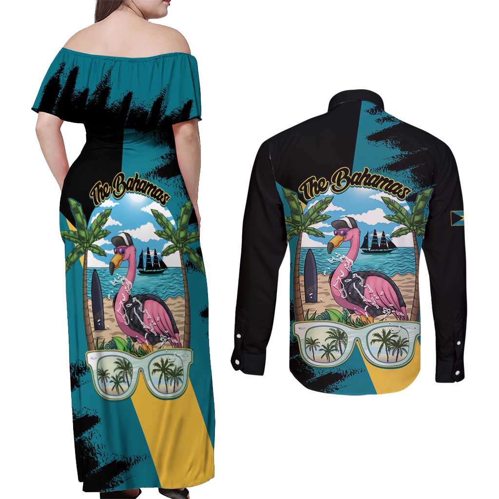 The Bahamas Flamingo Couples Matching Off Shoulder Maxi Dress and Long Sleeve Button Shirt It's Summer Time
