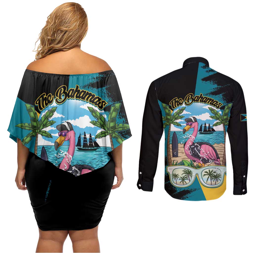 The Bahamas Flamingo Couples Matching Off Shoulder Short Dress and Long Sleeve Button Shirt It's Summer Time