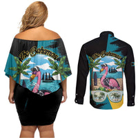 The Bahamas Flamingo Couples Matching Off Shoulder Short Dress and Long Sleeve Button Shirt It's Summer Time