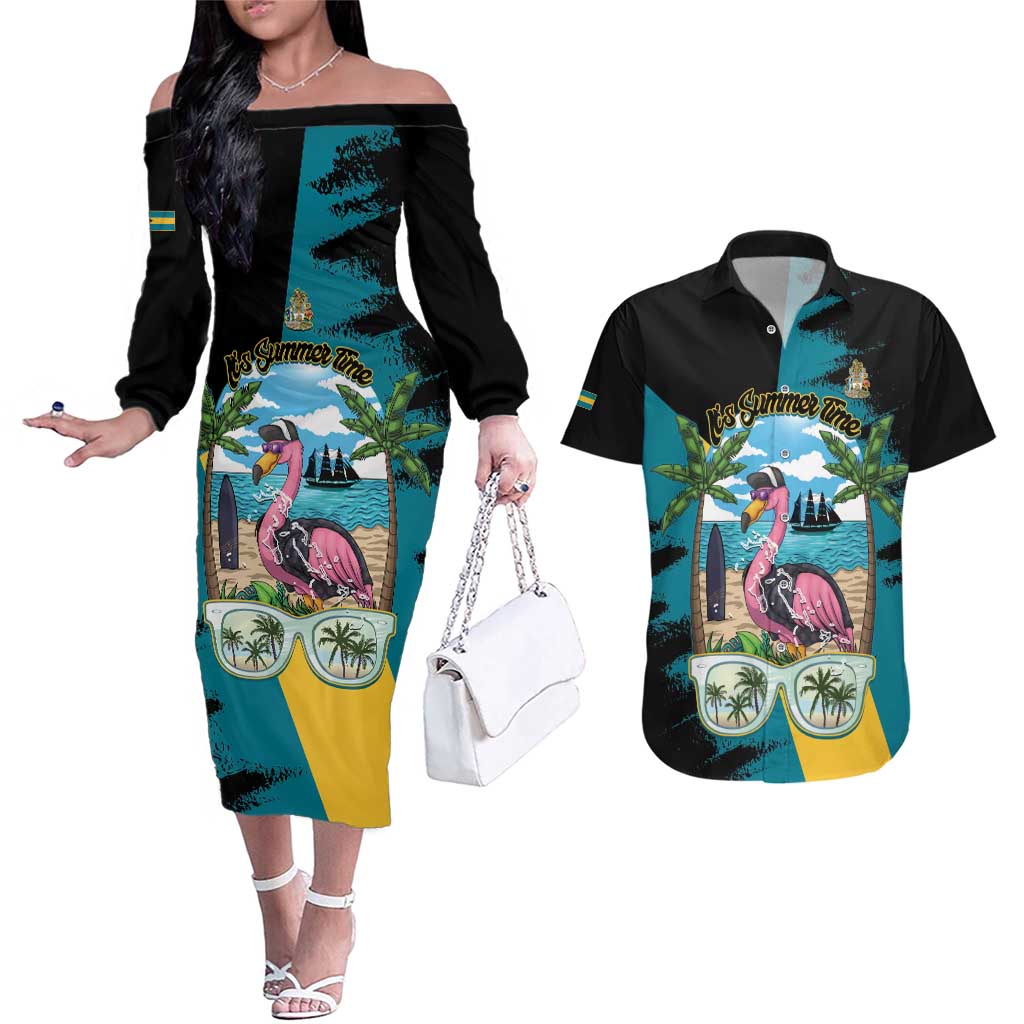 The Bahamas Flamingo Couples Matching Off The Shoulder Long Sleeve Dress and Hawaiian Shirt It's Summer Time