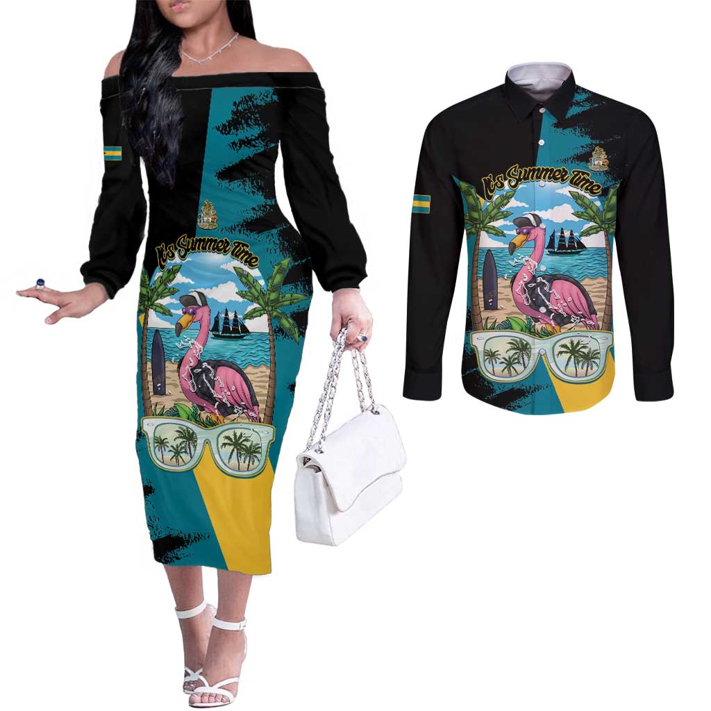 The Bahamas Flamingo Couples Matching Off The Shoulder Long Sleeve Dress and Long Sleeve Button Shirt It's Summer Time