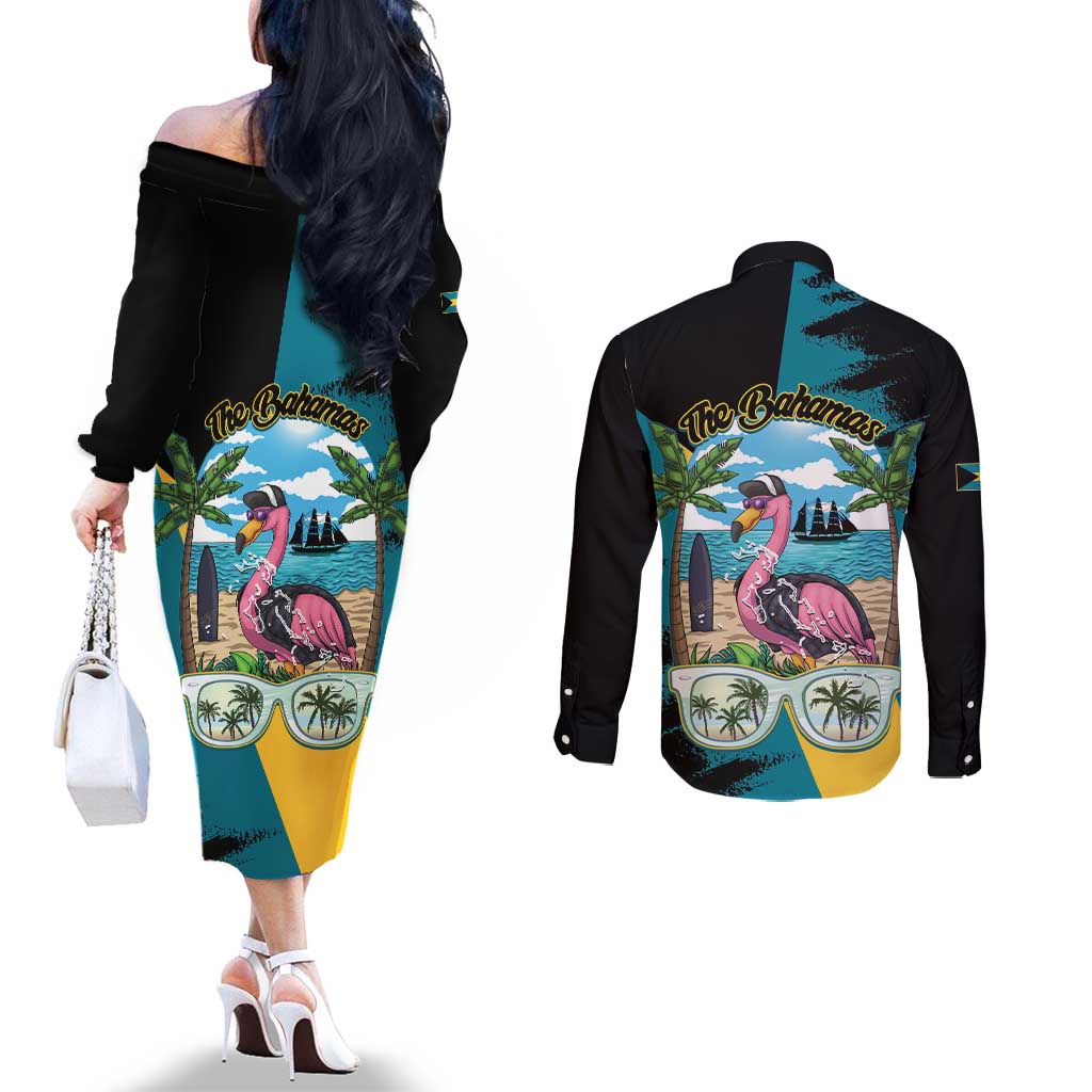 The Bahamas Flamingo Couples Matching Off The Shoulder Long Sleeve Dress and Long Sleeve Button Shirt It's Summer Time