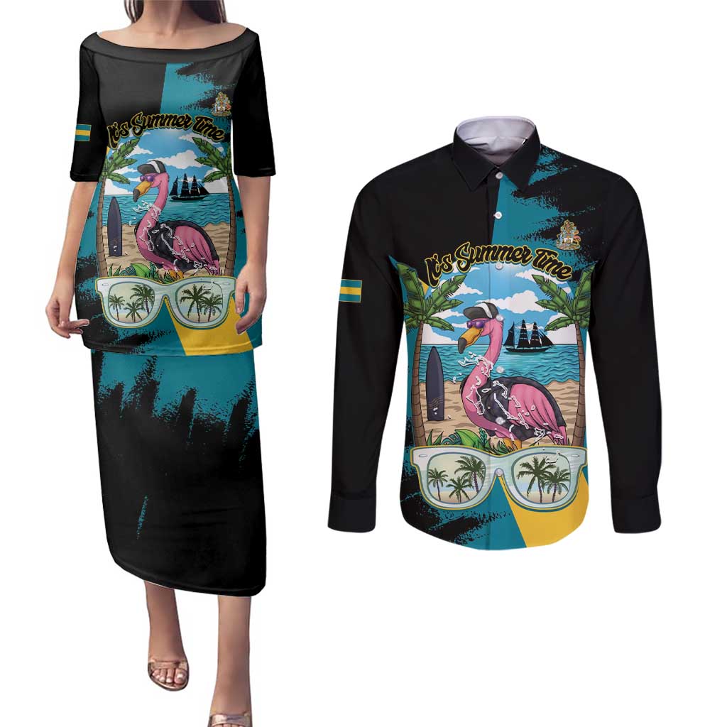 The Bahamas Flamingo Couples Matching Puletasi and Long Sleeve Button Shirt It's Summer Time