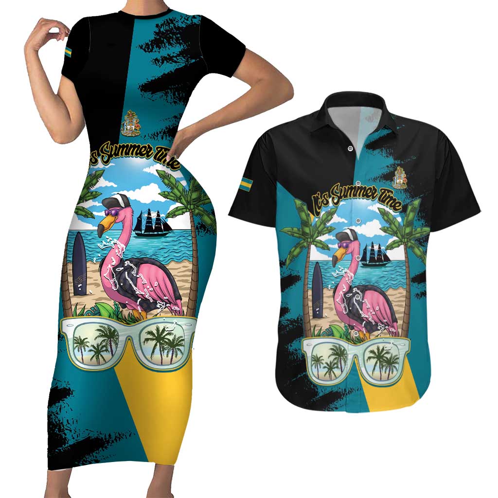 The Bahamas Flamingo Couples Matching Short Sleeve Bodycon Dress and Hawaiian Shirt It's Summer Time